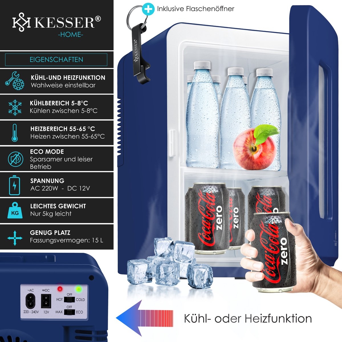Tafelmodel koelkast - minikoelkast 15 Liter - AC/DC 220-240V en 12V - koelbox ideaal voor Auto en camperen - marineblauw - Afbeelding 7