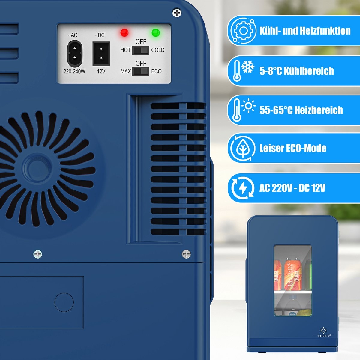 Tafelmodel koelkast - minikoelkast 15 Liter - AC/DC 220-240V en 12V - koelbox ideaal voor Auto en camperen - marineblauw - Afbeelding 8