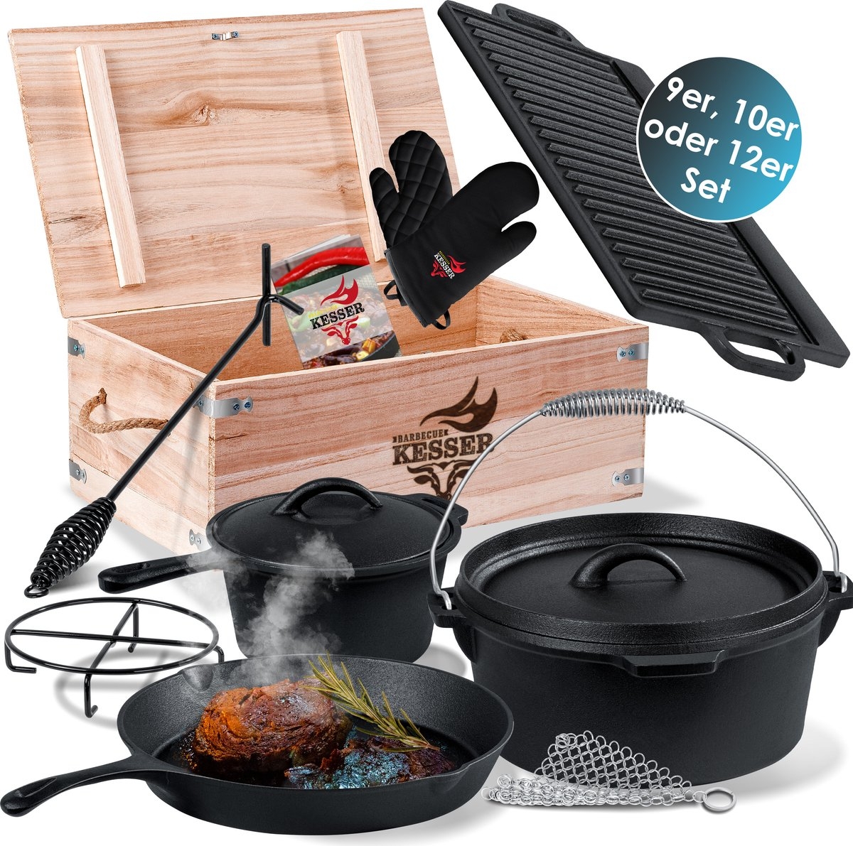 Dutch Oven - gietijzeren pannen set - 12-delig - in houten kist - barbecuepan 3,6L - braadpan - sauspan - grillplaat - accessoires - zwart - Afbeelding 2