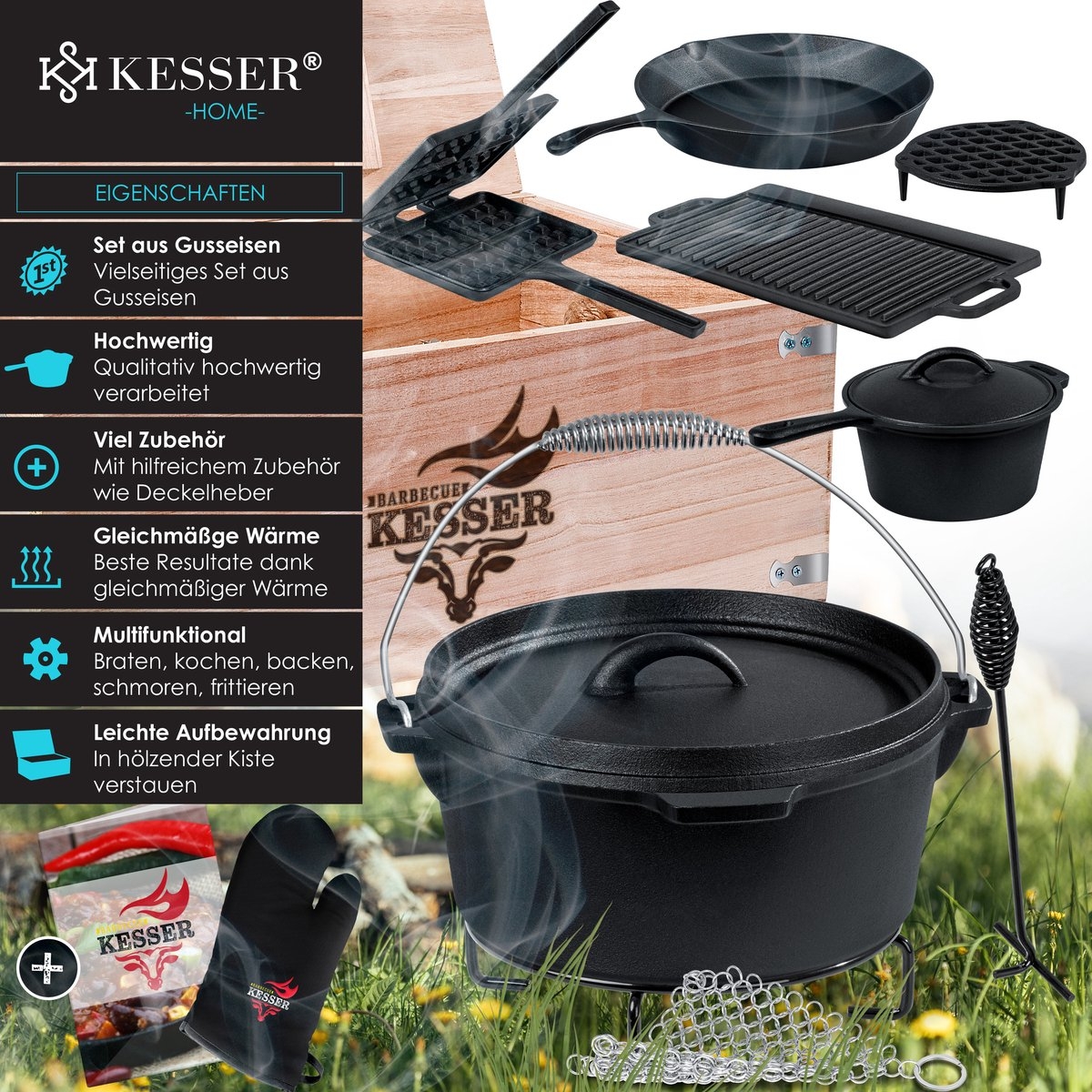 Dutch Oven - gietijzeren pannen set - 12-delig - in houten kist - barbecuepan 3,6L - braadpan - sauspan - grillplaat - accessoires - zwart - Afbeelding 3