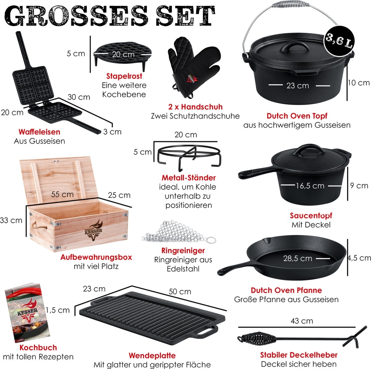 Dutch Oven - gietijzeren pannen set - 12-delig - in houten kist - barbecuepan 3,6L - braadpan - sauspan - grillplaat - accessoires - zwart - Afbeelding 4