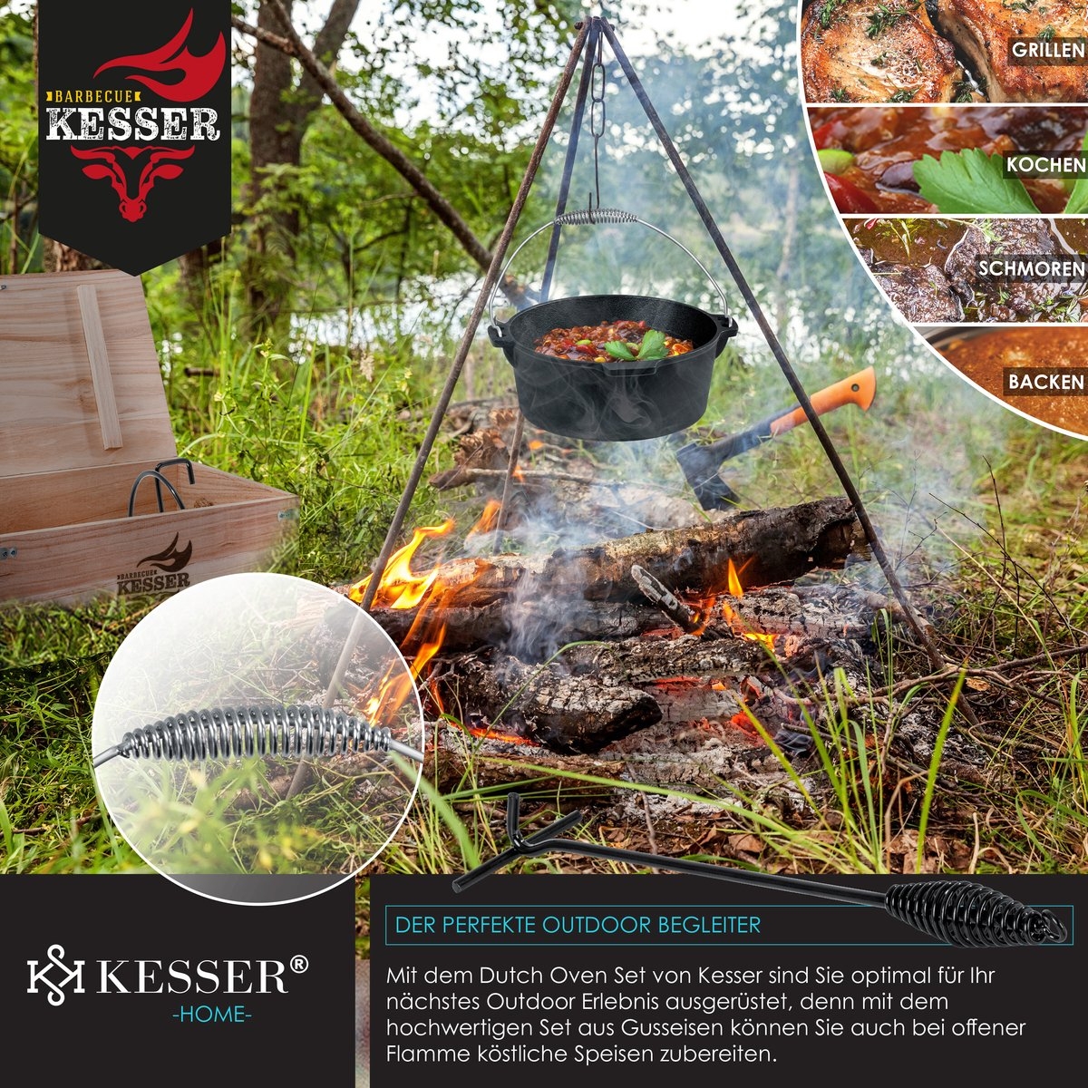 Dutch Oven - gietijzeren pannen set - 12-delig - in houten kist - barbecuepan 3,6L - braadpan - sauspan - grillplaat - accessoires - zwart - Afbeelding 10