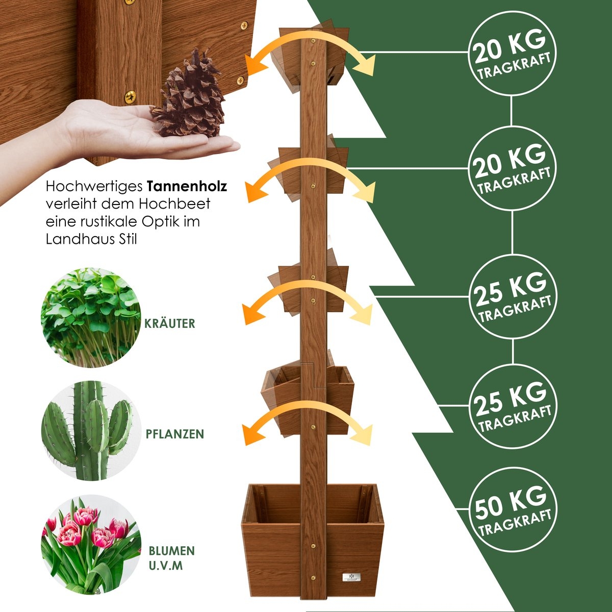 Verticale tuin - 5 plantenbakken / bloempotten - hoogte 180 cm - voor terras en balkon- bruin - hout - Afbeelding 3