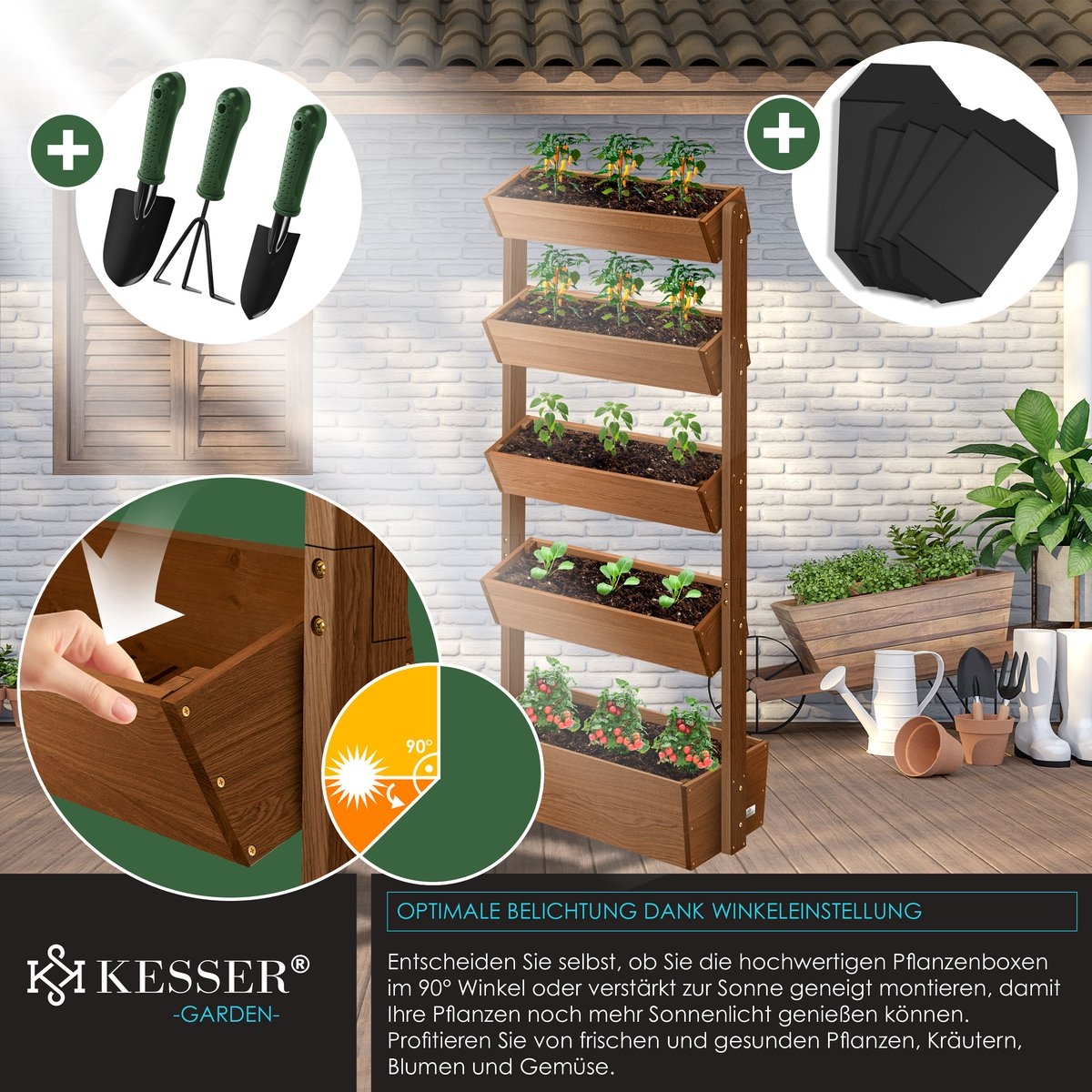 Verticale tuin - 5 plantenbakken / bloempotten - hoogte 180 cm - voor terras en balkon- bruin - hout - Afbeelding 4