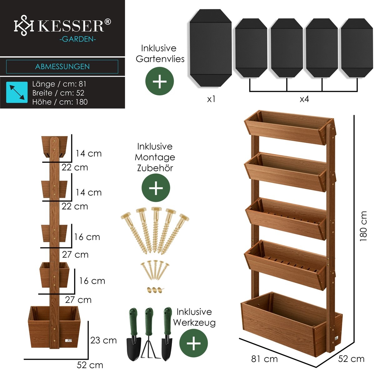 Verticale tuin - 5 plantenbakken / bloempotten - hoogte 180 cm - voor terras en balkon- bruin - hout - Afbeelding 6