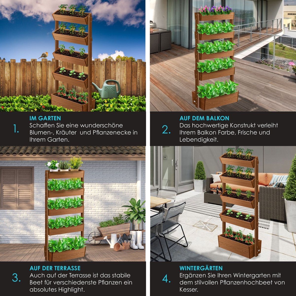 Verticale tuin - 5 plantenbakken / bloempotten - hoogte 180 cm - voor terras en balkon- bruin - hout - Afbeelding 7