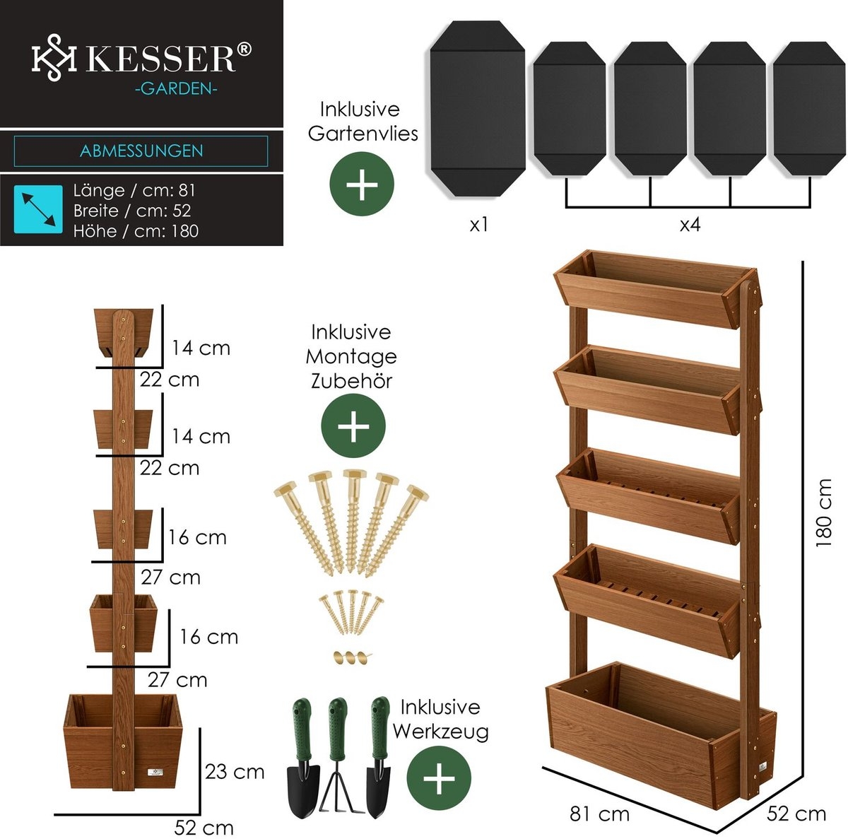 Verticale tuin - 5 plantenbakken / bloempotten - hoogte 180 cm - voor terras en balkon- bruin - hout - Afbeelding 8