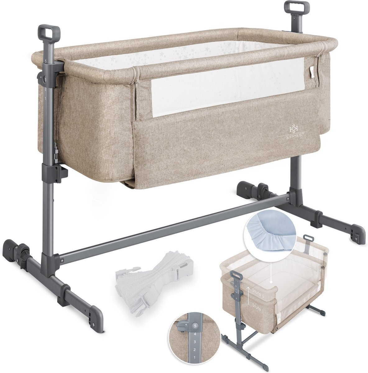 Ledikant / Co-Sleeper / Babybed / Bijzet Wieg - met zachte matras en wielen - hoogte verstelbaar - creme / beige