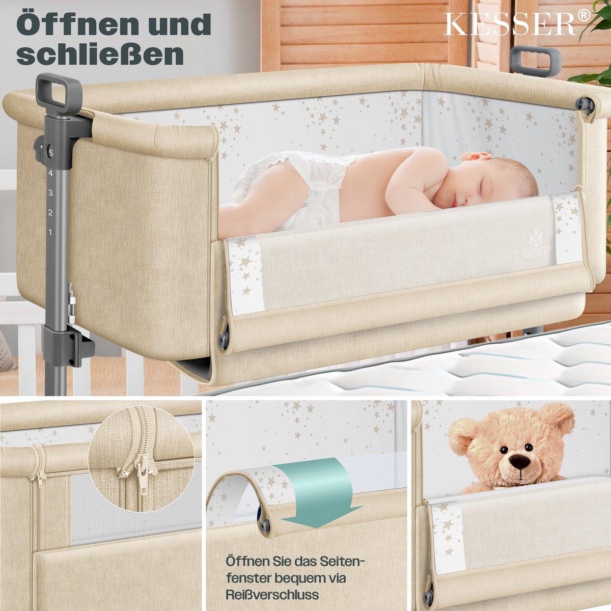 Ledikant / Co-Sleeper / Babybed / Bijzet Wieg - met zachte matras en wielen - hoogte verstelbaar - creme / beige - Afbeelding 4