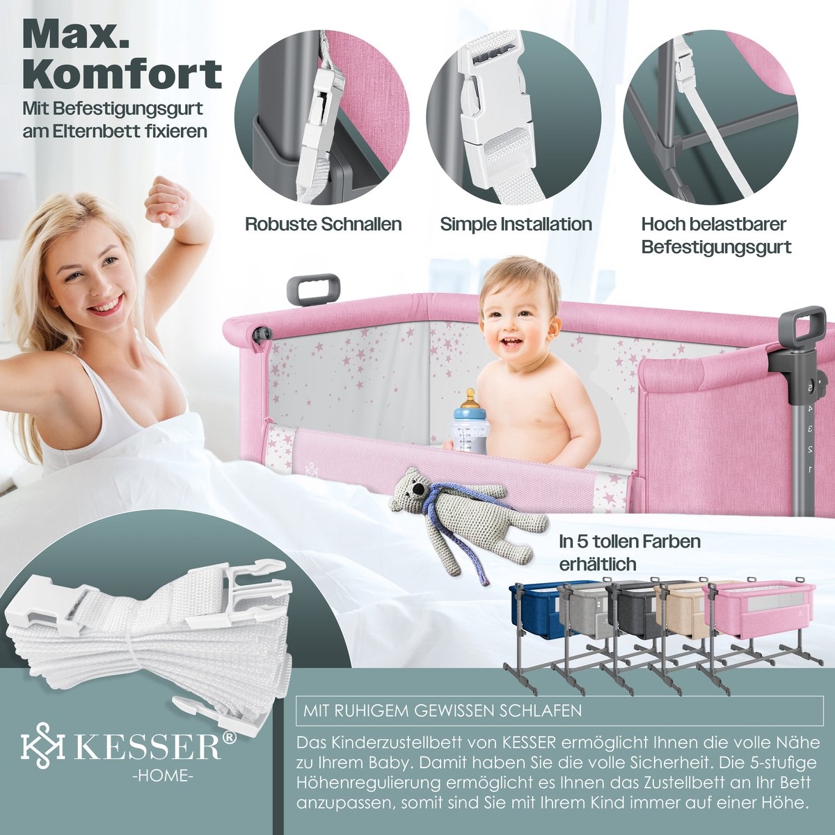 Ledikant / Co-Sleeper / Babybed / Bijzet Wieg - met zachte matras en wielen - hoogte verstelbaar - creme / beige - Afbeelding 5