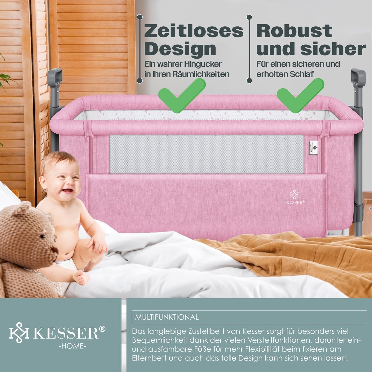 Ledikant / Co-Sleeper / Babybed / Bijzet Wieg - met zachte matras en wielen - hoogte verstelbaar - creme / beige - Afbeelding 7