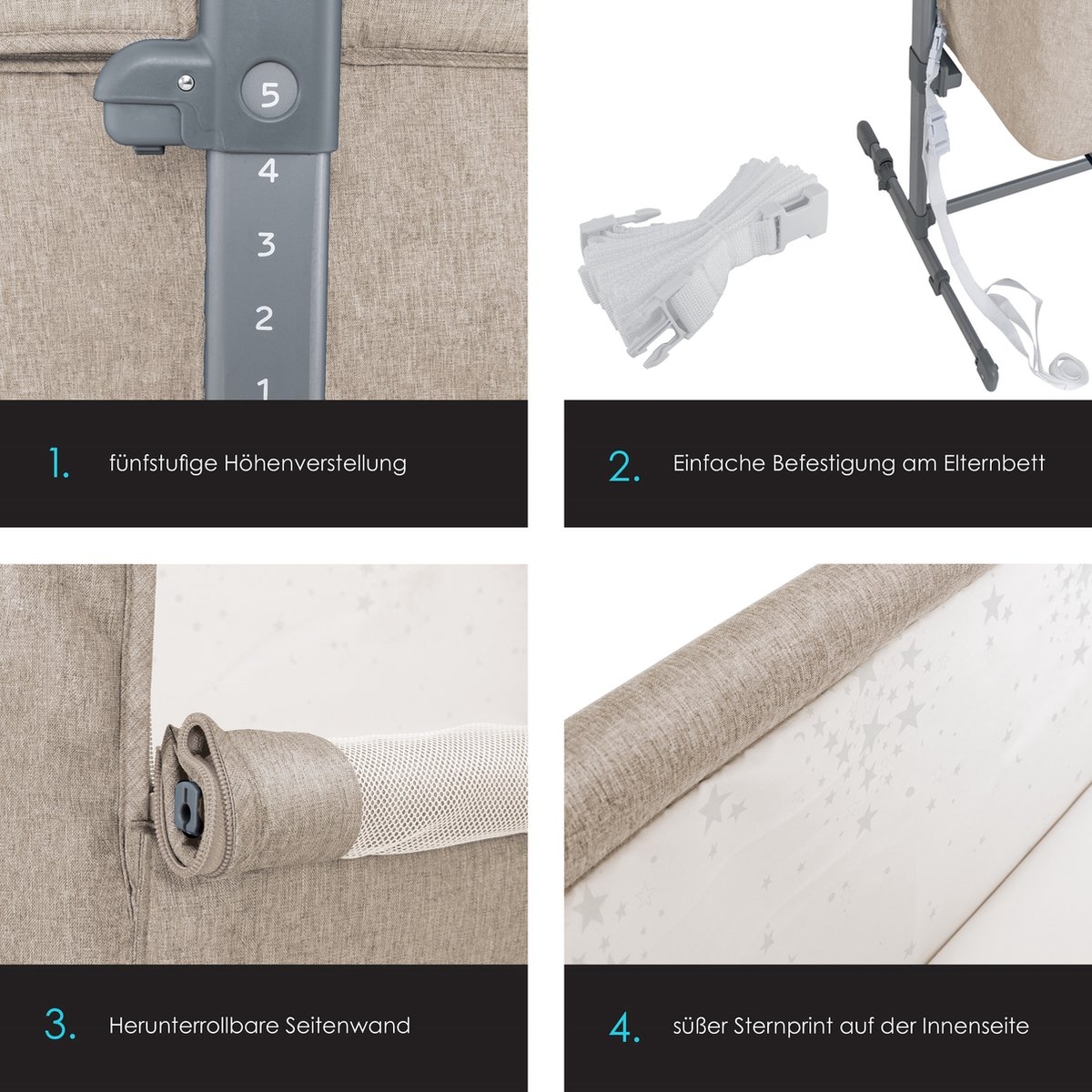 Ledikant / Co-Sleeper / Babybed / Bijzet Wieg - met zachte matras en wielen - hoogte verstelbaar - creme / beige - Afbeelding 8