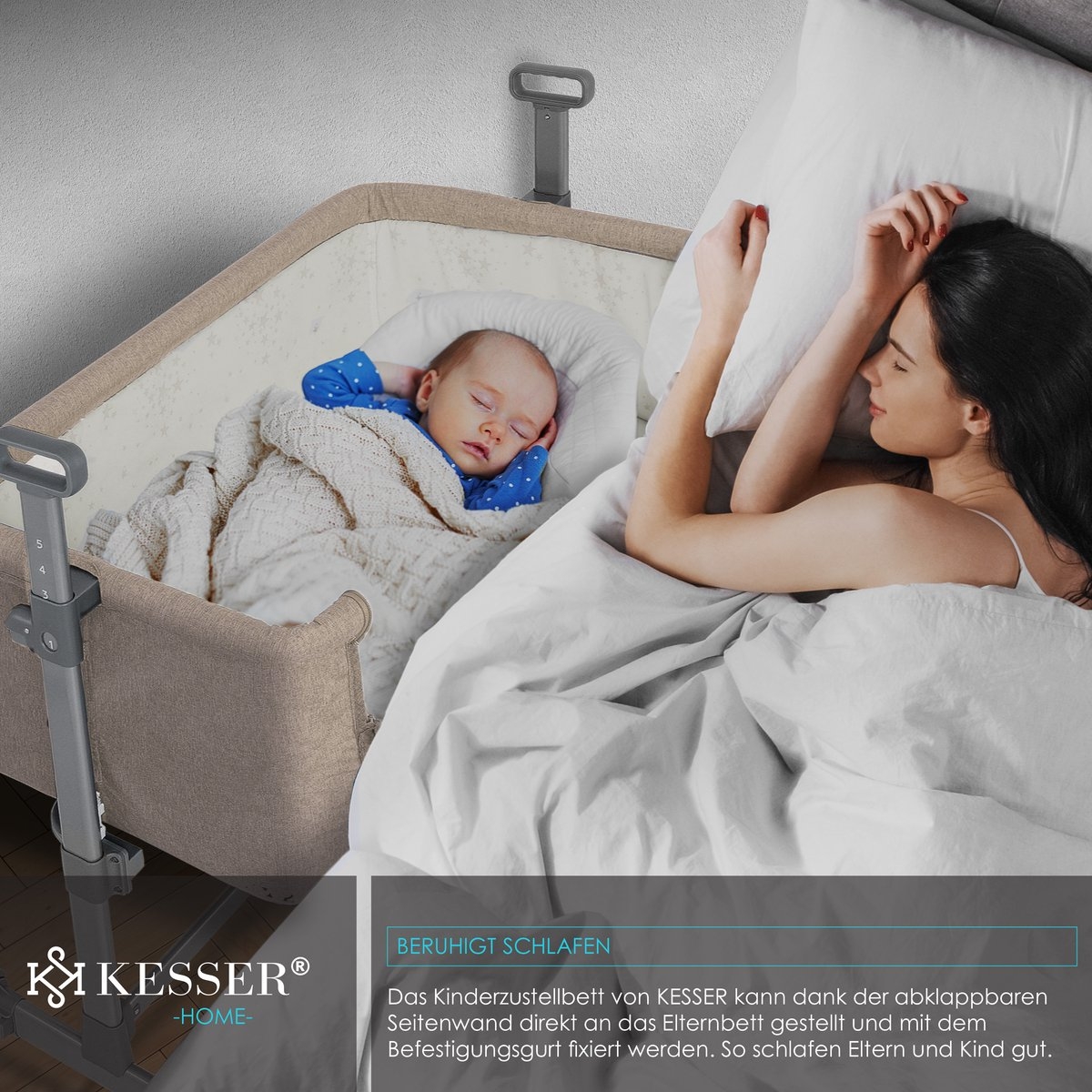 Ledikant / Co-Sleeper / Babybed / Bijzet Wieg - met zachte matras en wielen - hoogte verstelbaar - creme / beige - Afbeelding 9