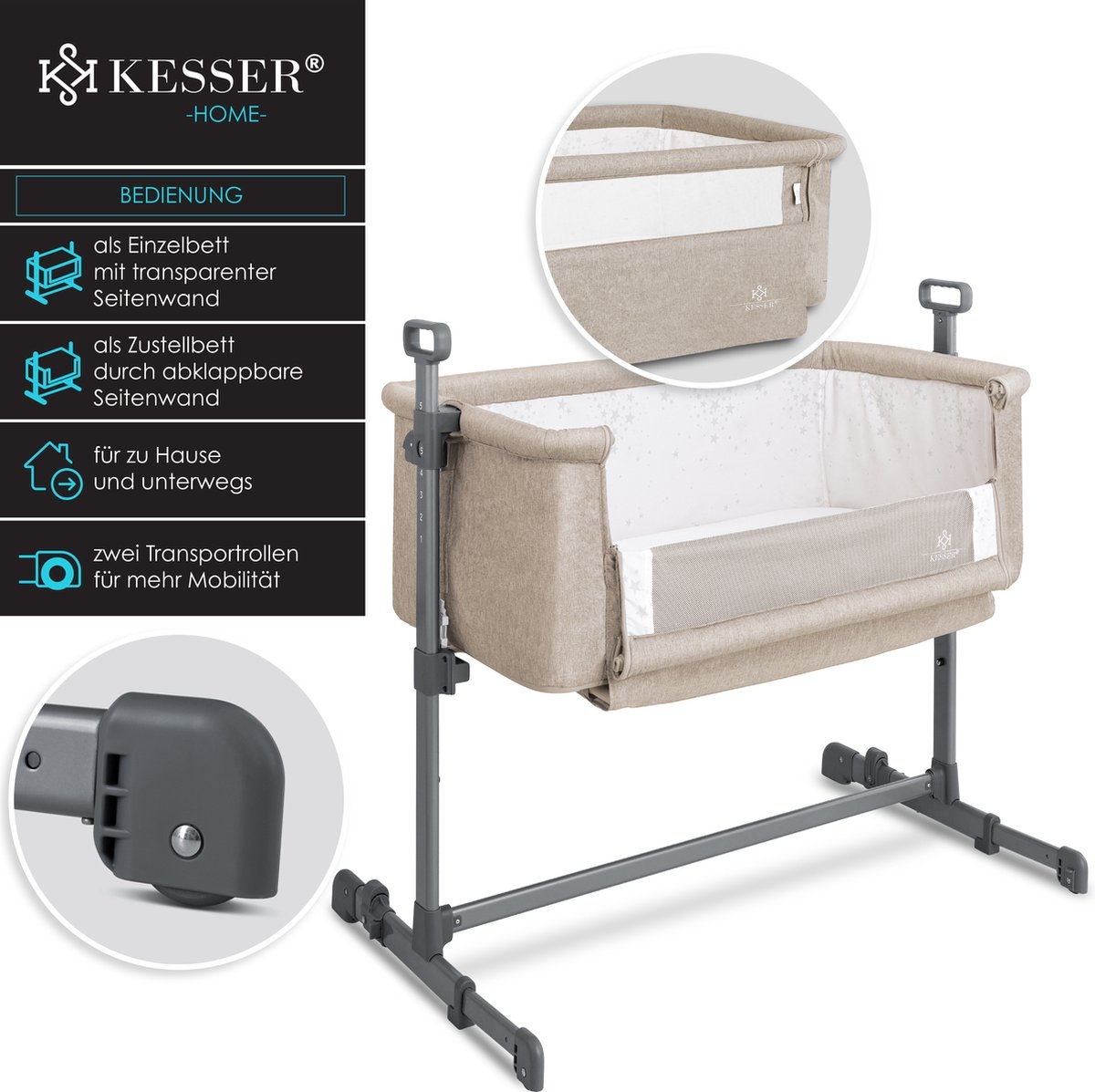 Ledikant / Co-Sleeper / Babybed / Bijzet Wieg - met zachte matras en wielen - hoogte verstelbaar - creme / beige - Afbeelding 10