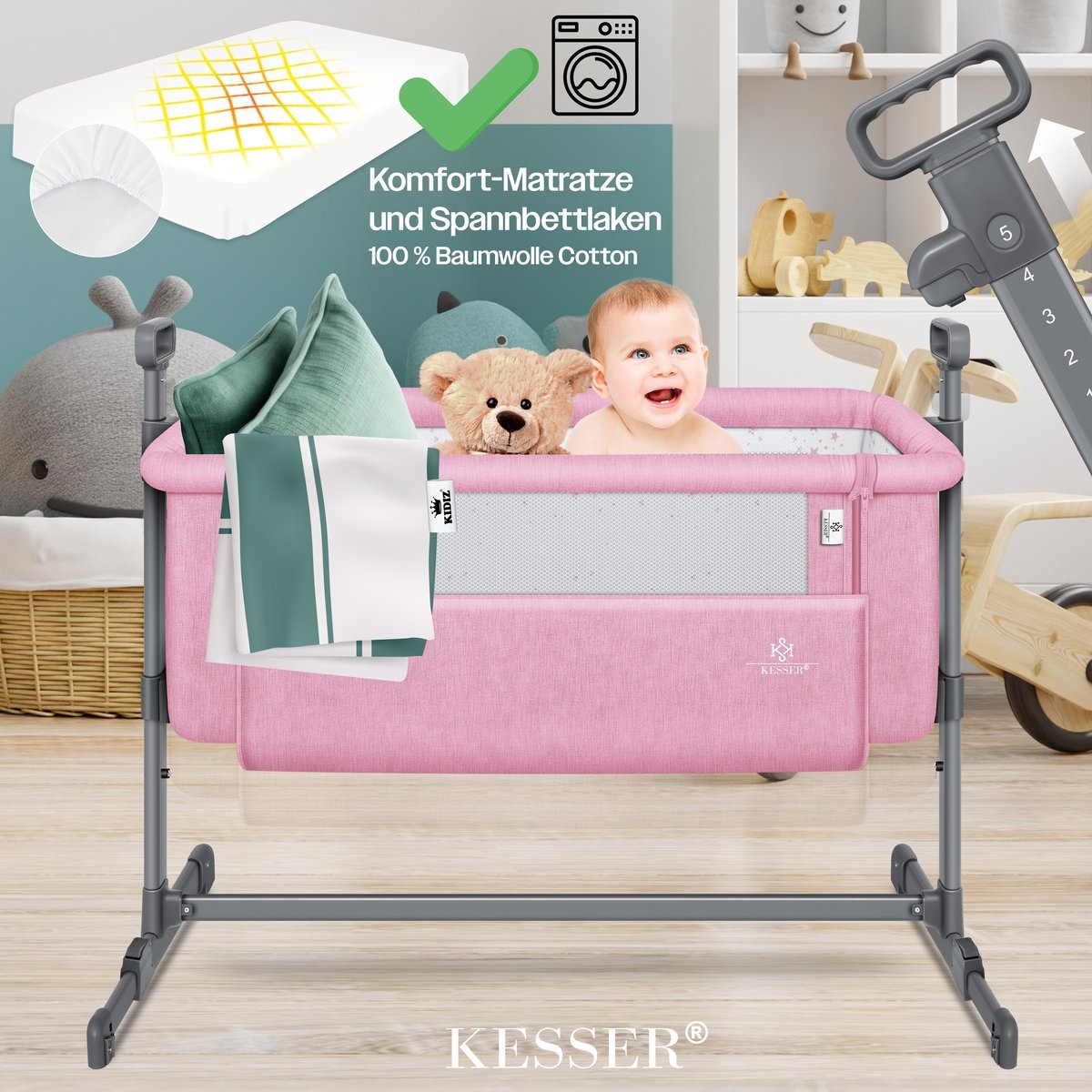 Ledikant / Co-Sleeper / Babybed / Bijzet Wieg - met zachte matras en wielen - hoogte verstelbaar - creme / beige - Afbeelding 11