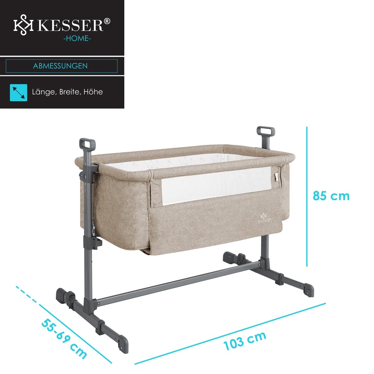 Ledikant / Co-Sleeper / Babybed / Bijzet Wieg - met zachte matras en wielen - hoogte verstelbaar - creme / beige - Afbeelding 12