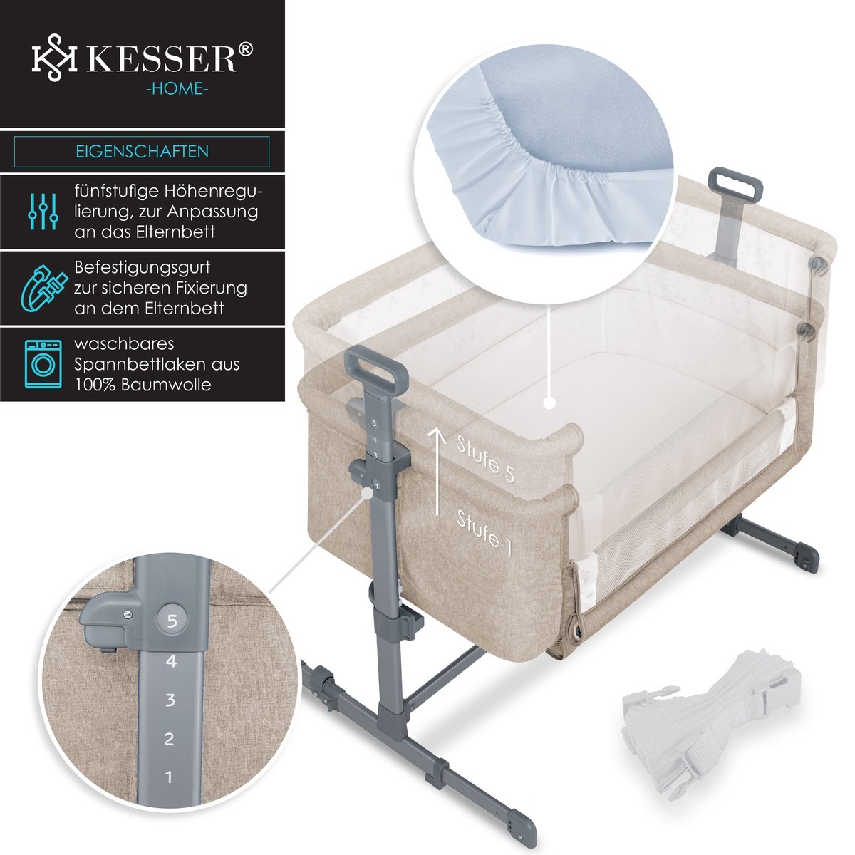 Ledikant / Co-Sleeper / Babybed / Bijzet Wieg - met zachte matras en wielen - hoogte verstelbaar - creme / beige - Afbeelding 13