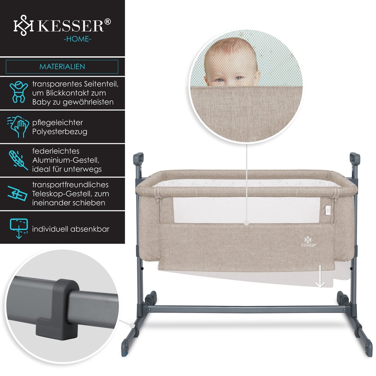 Ledikant / Co-Sleeper / Babybed / Bijzet Wieg - met zachte matras en wielen - hoogte verstelbaar - creme / beige - Afbeelding 14