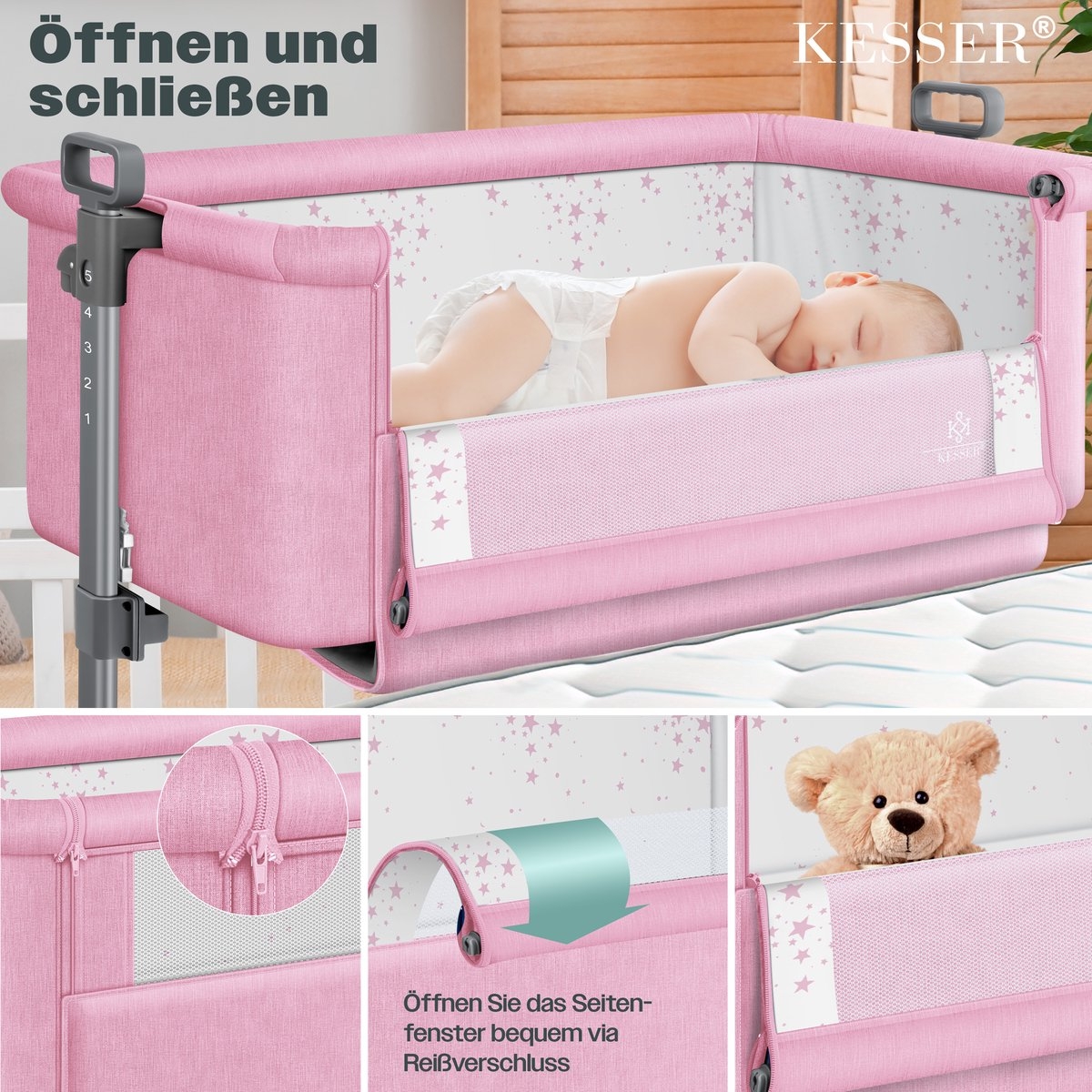 Ledikant / Co-Sleeper / Babybed / Bijzet Wieg - met zachte matras en wielen - hoogte verstelbaar - creme / beige - Afbeelding 17