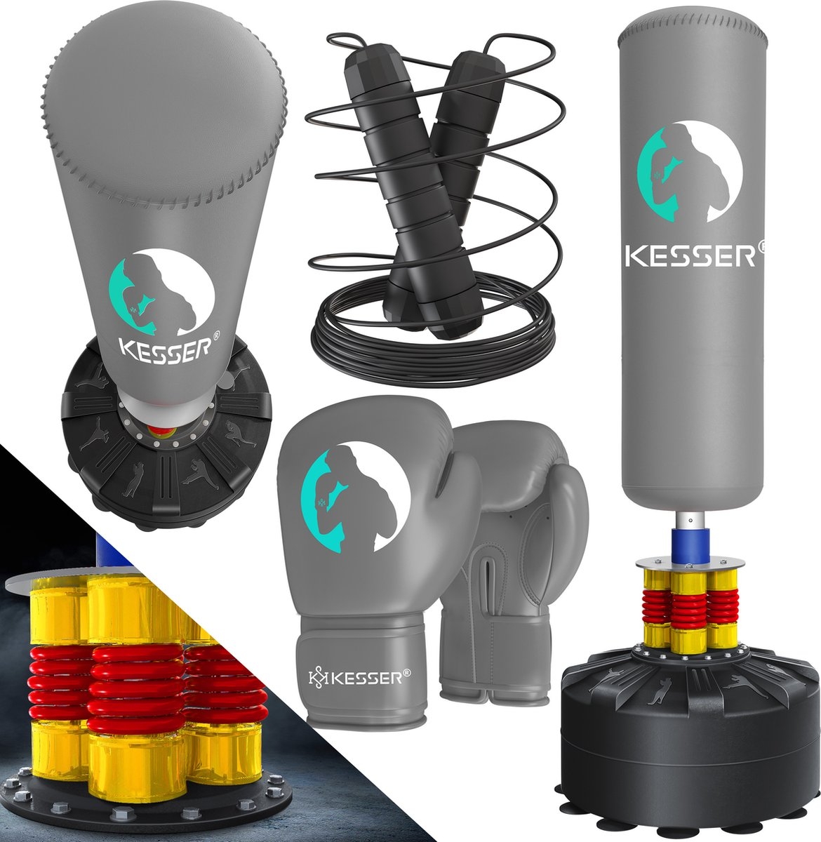 Boks set - staande bokszak - met bokshandschoenen en springtouw - kickbokszak - MMA Boksbal - fitness bokspaal met voet