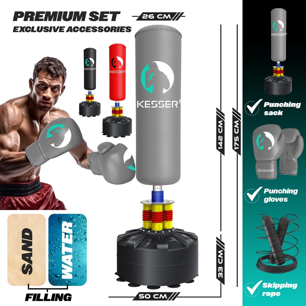 Boks set - staande bokszak - met bokshandschoenen en springtouw - kickbokszak - MMA Boksbal - fitness bokspaal met voet - Afbeelding 3