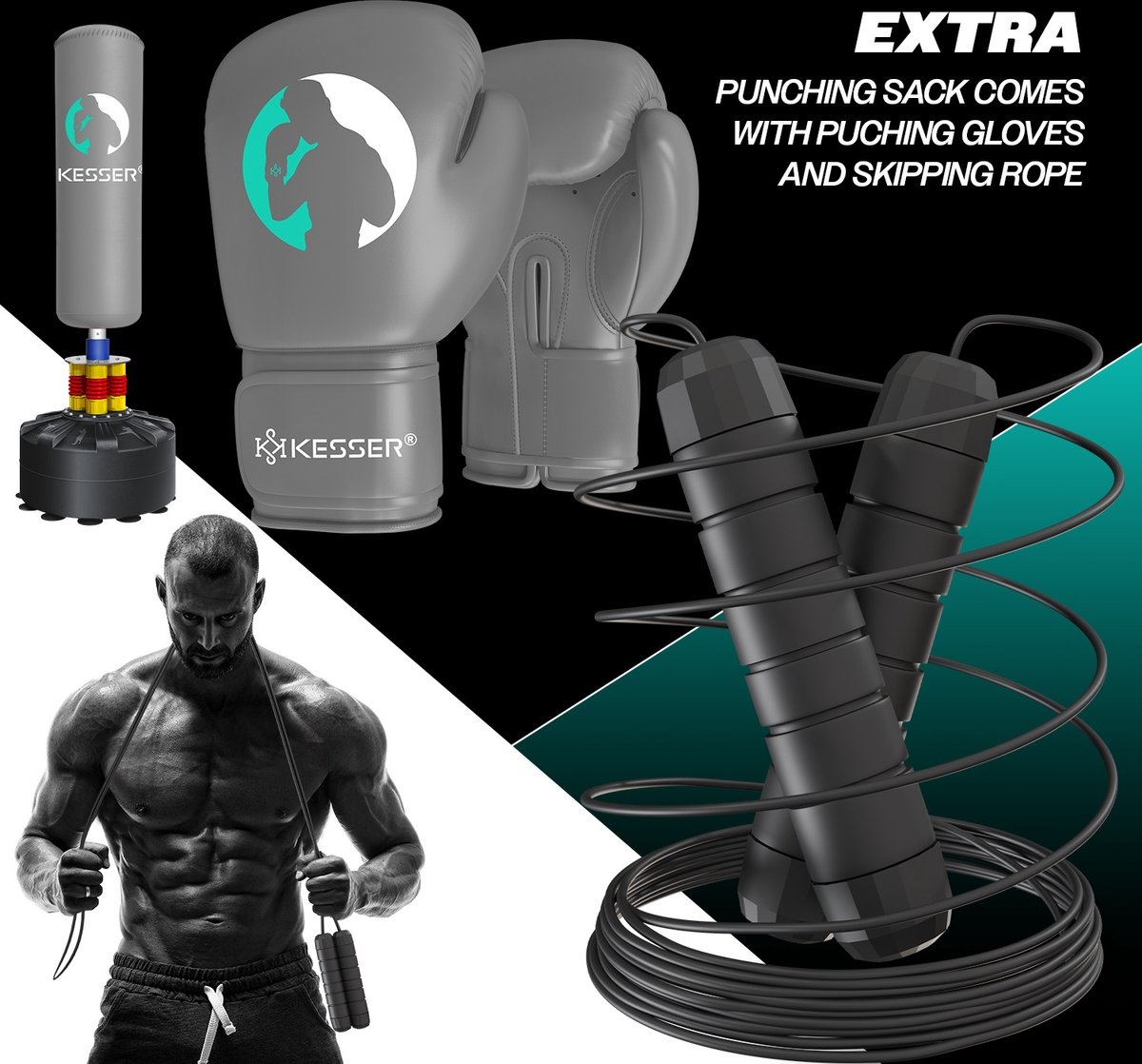 Boks set - staande bokszak - met bokshandschoenen en springtouw - kickbokszak - MMA Boksbal - fitness bokspaal met voet - Afbeelding 5