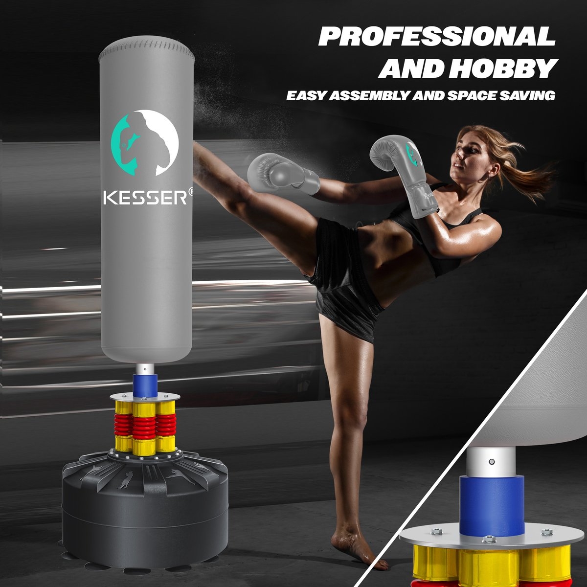 Boks set - staande bokszak - met bokshandschoenen en springtouw - kickbokszak - MMA Boksbal - fitness bokspaal met voet - Afbeelding 7