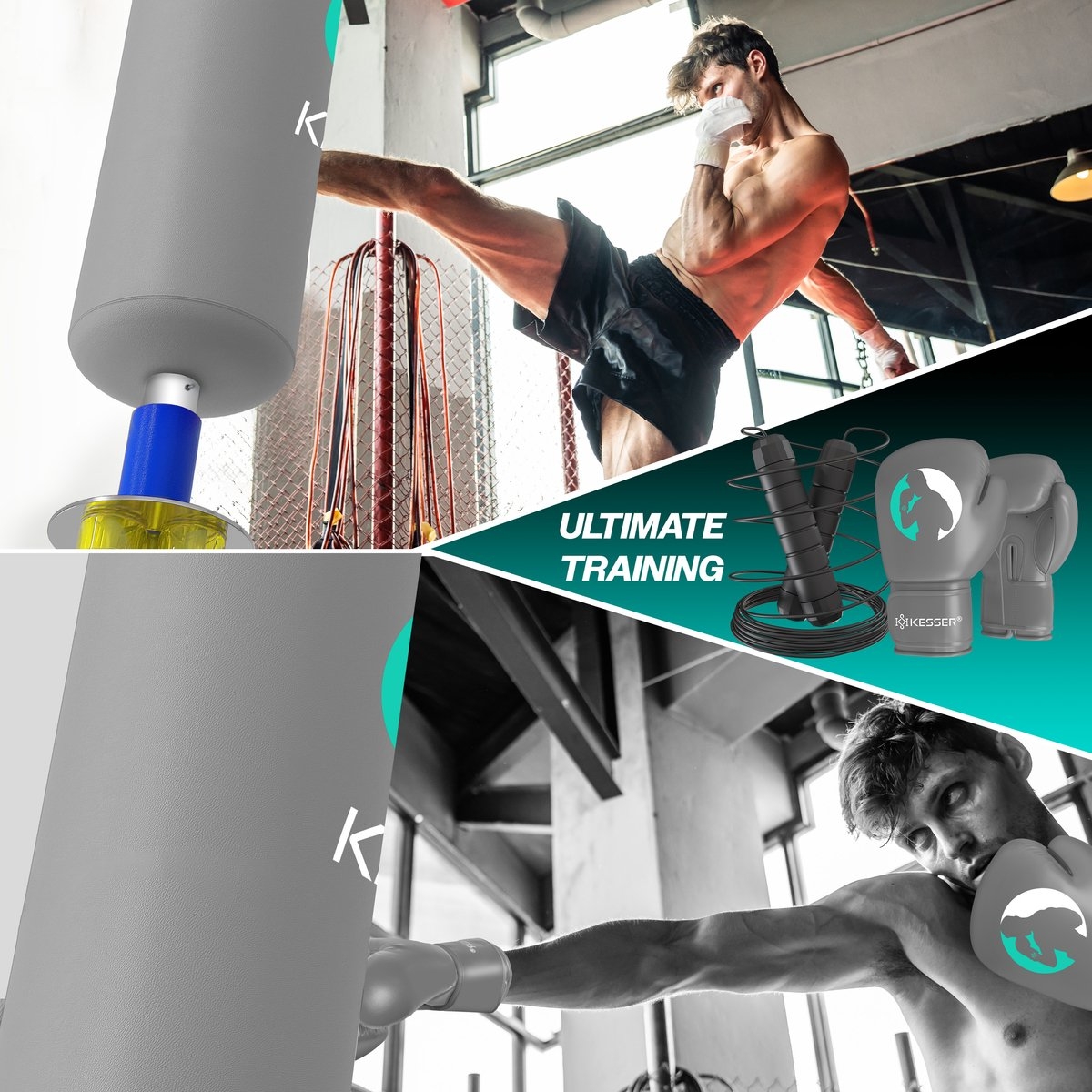 Boks set - staande bokszak - met bokshandschoenen en springtouw - kickbokszak - MMA Boksbal - fitness bokspaal met voet - Afbeelding 10