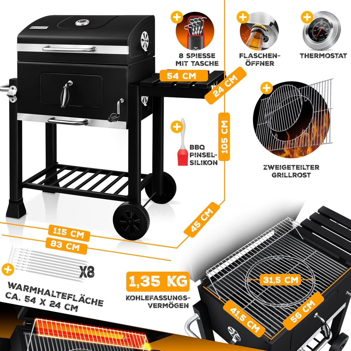 Houtskoolbarbecue - XL Barbecue / bbq - met deksel en wielen, - RVS handvat en thermometer - zwart - Afbeelding 2
