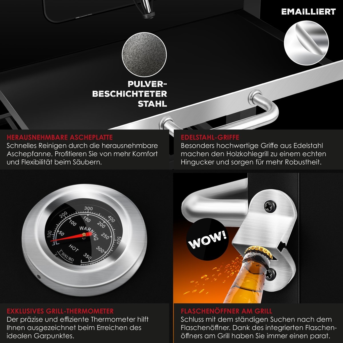 Houtskoolbarbecue - XL Barbecue / bbq - met deksel en wielen, - RVS handvat en thermometer - zwart - Afbeelding 3