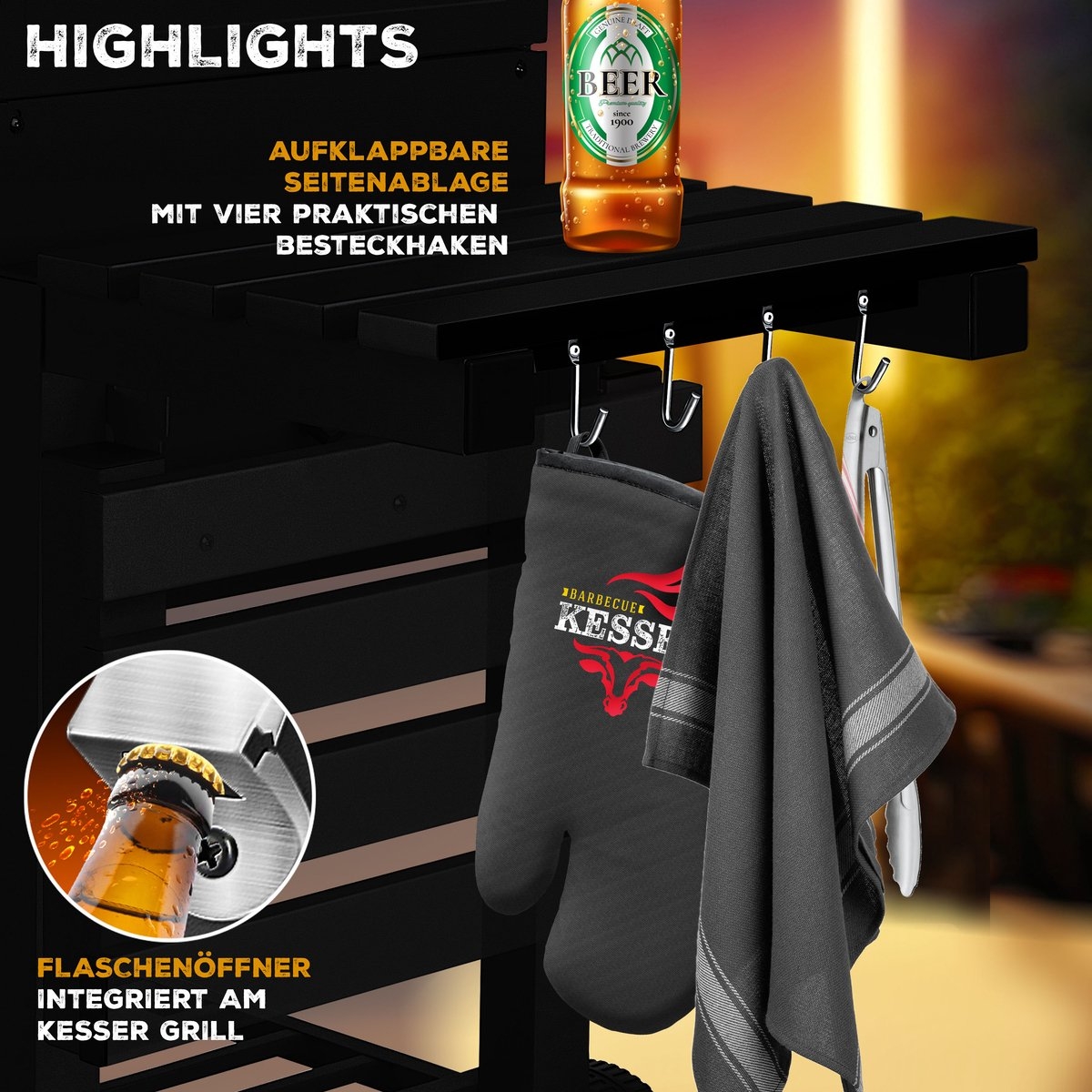 Houtskoolbarbecue - XL Barbecue / bbq - met deksel en wielen, - RVS handvat en thermometer - zwart - Afbeelding 5