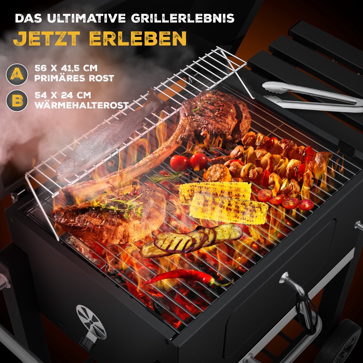 Houtskoolbarbecue - XL Barbecue / bbq - met deksel en wielen, - RVS handvat en thermometer - zwart - Afbeelding 6
