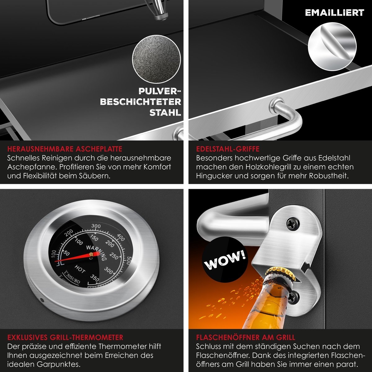 Houtskoolbarbecue - XL Barbecue / bbq - met deksel en wielen, - RVS handvat en thermometer - zwart - Afbeelding 7