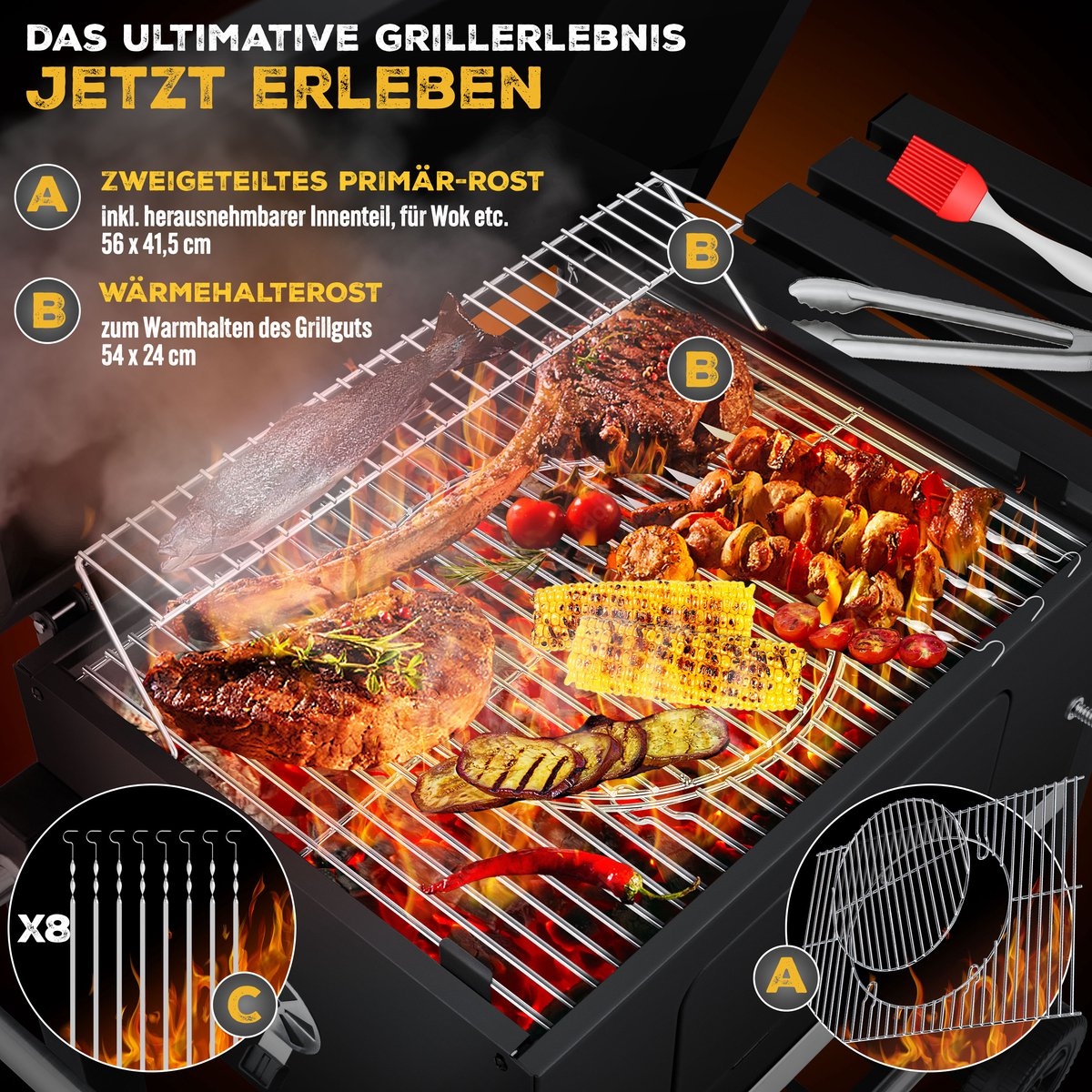 Houtskoolbarbecue - XL Barbecue / bbq - met deksel en wielen, - RVS handvat en thermometer - zwart - Afbeelding 14