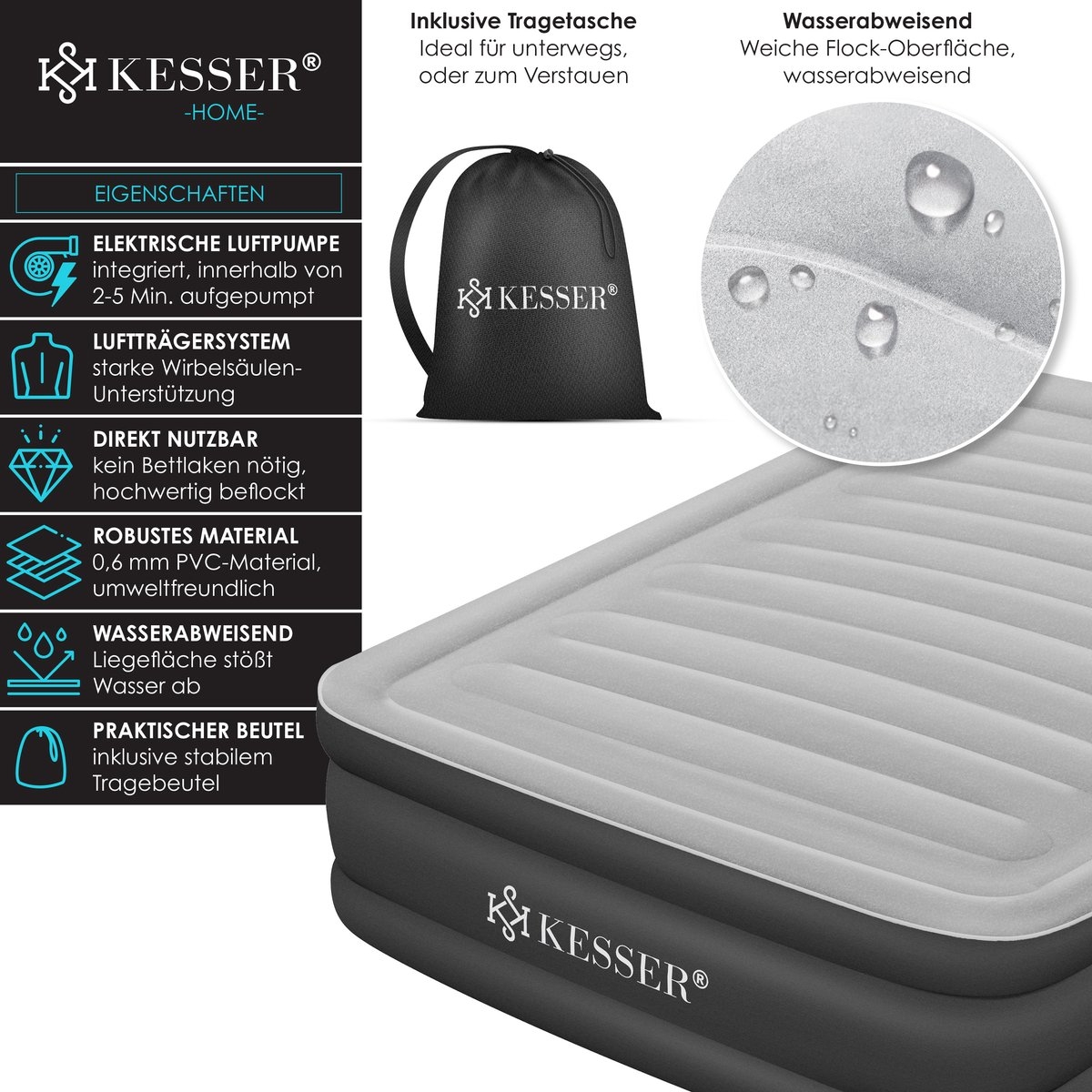 Luchtbed tweepersoons - 203x153 cm - elektrisch opblaasbaar - ingebouwde pomp - m et opbergtas en reparatiekit - grijs / antraciet - Afbeelding 3