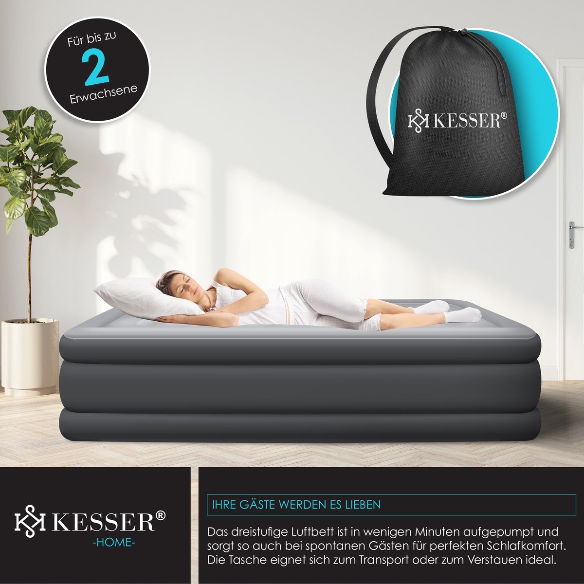 Luchtbed tweepersoons - 203x153 cm - elektrisch opblaasbaar - ingebouwde pomp - m et opbergtas en reparatiekit - grijs / antraciet - Afbeelding 4
