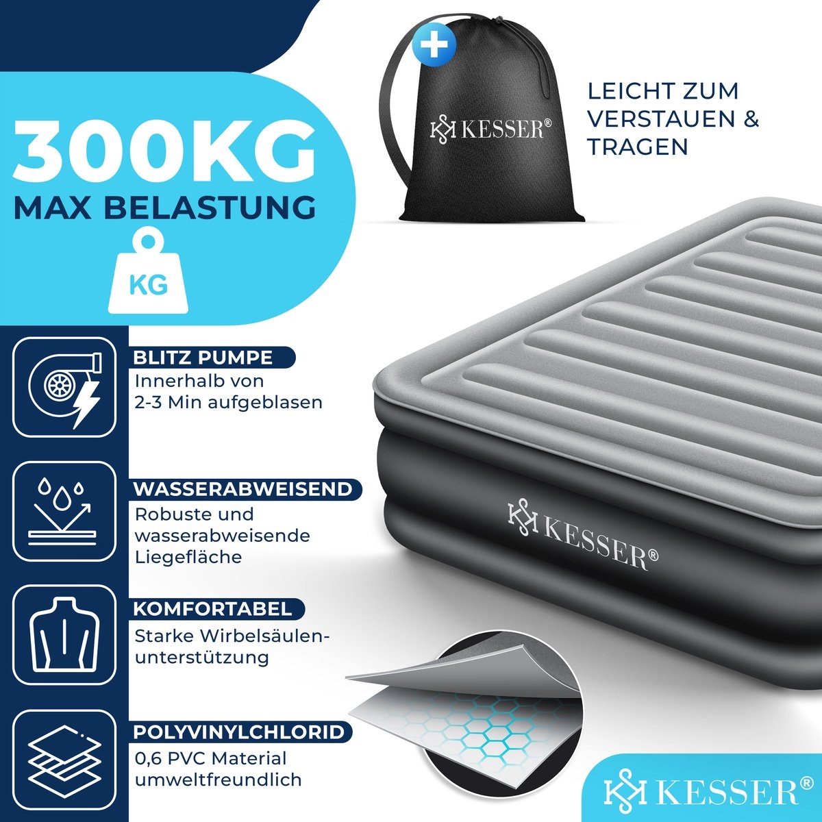 Luchtbed tweepersoons - 203x153 cm - elektrisch opblaasbaar - ingebouwde pomp - m et opbergtas en reparatiekit - grijs / antraciet - Afbeelding 10