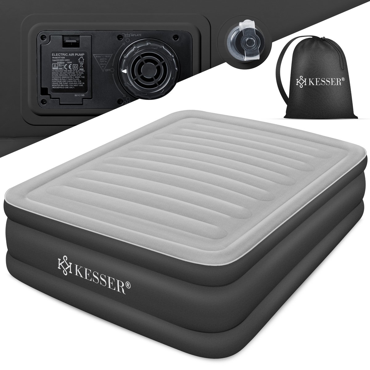 Luchtbed tweepersoons - 203x153 cm - elektrisch opblaasbaar - ingebouwde pomp - m et opbergtas en reparatiekit - grijs / antraciet - Afbeelding 11
