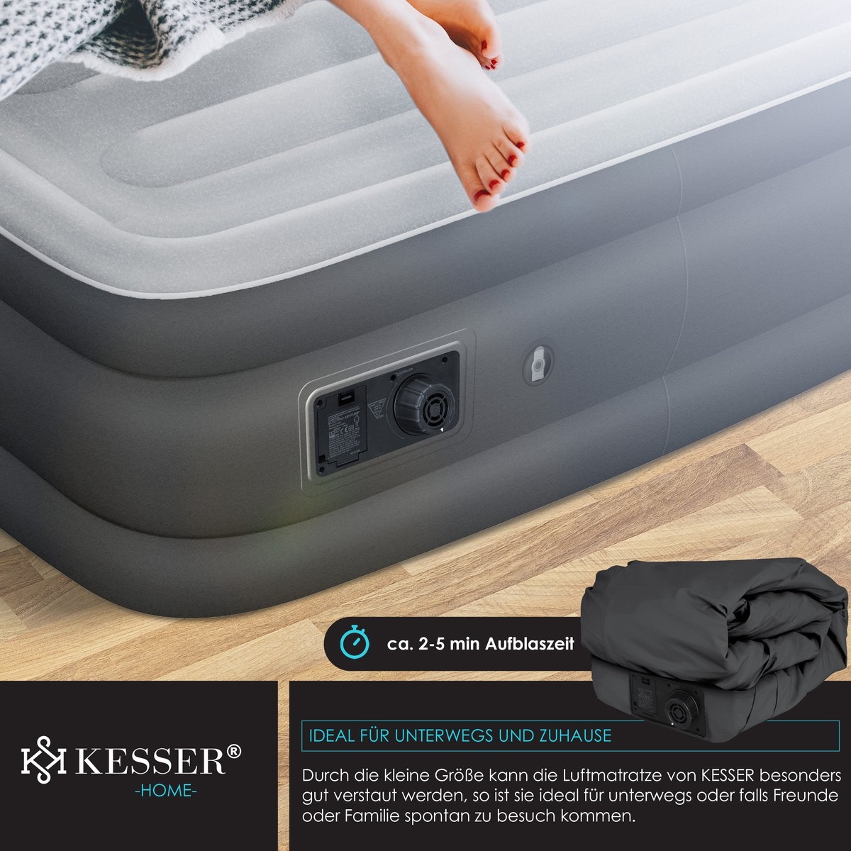 Luchtbed tweepersoons - 203x153 cm - elektrisch opblaasbaar - ingebouwde pomp - m et opbergtas en reparatiekit - grijs / antraciet - Afbeelding 12