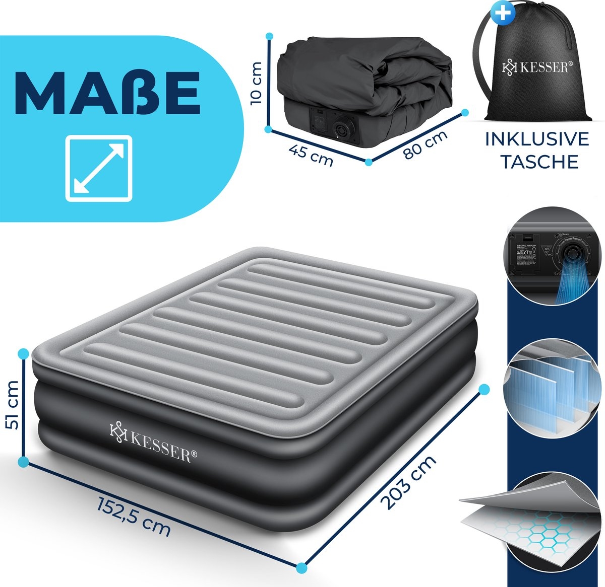 Luchtbed tweepersoons - 203x153 cm - elektrisch opblaasbaar - ingebouwde pomp - m et opbergtas en reparatiekit - grijs / antraciet - Afbeelding 13