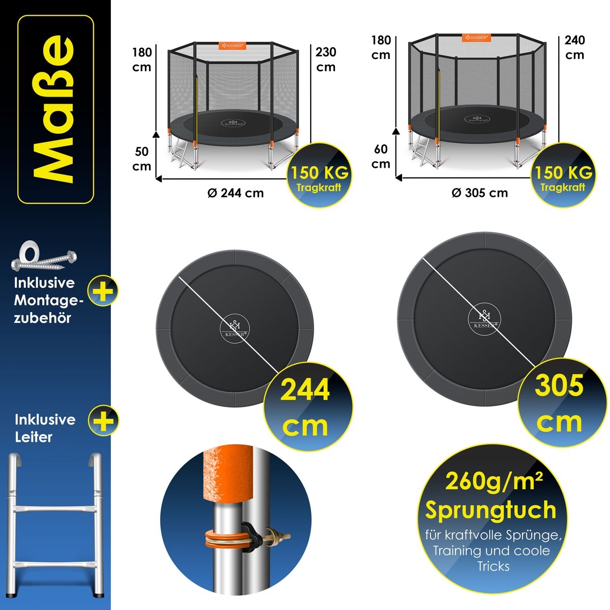 Trampoline - diameter 244 cm - met veiligheidsnet en ladder - max 150 kg belasting - Afbeelding 5