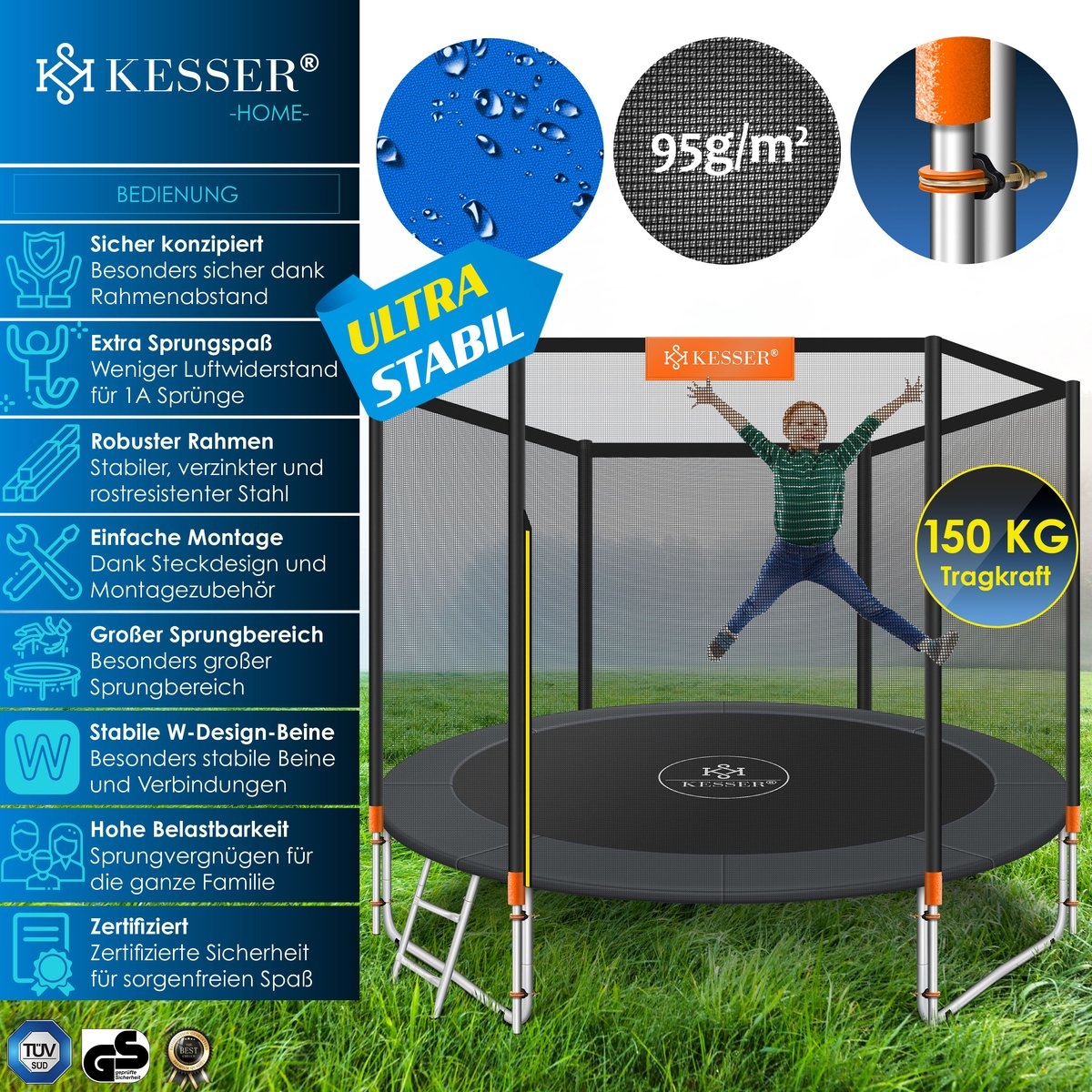 Trampoline - diameter 244 cm - met veiligheidsnet en ladder - max 150 kg belasting - Afbeelding 11
