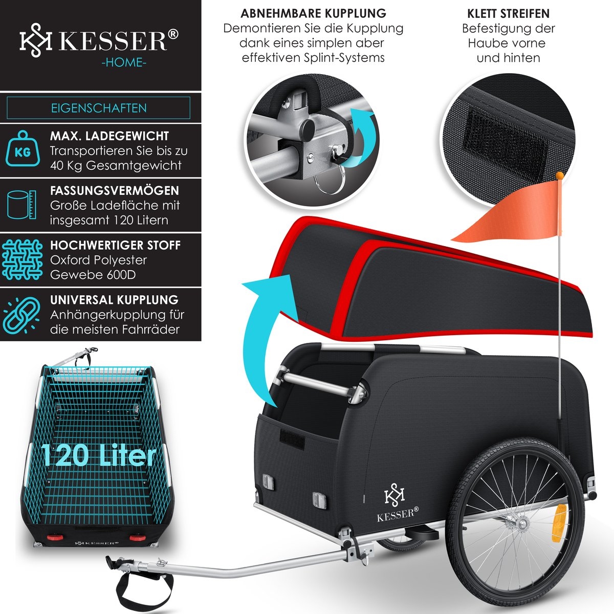 Fietskar - fietsaanhanger - bagagefietska - aanhangwagen voor fiets - max. 40 kg - rood / antraciet - Afbeelding 2