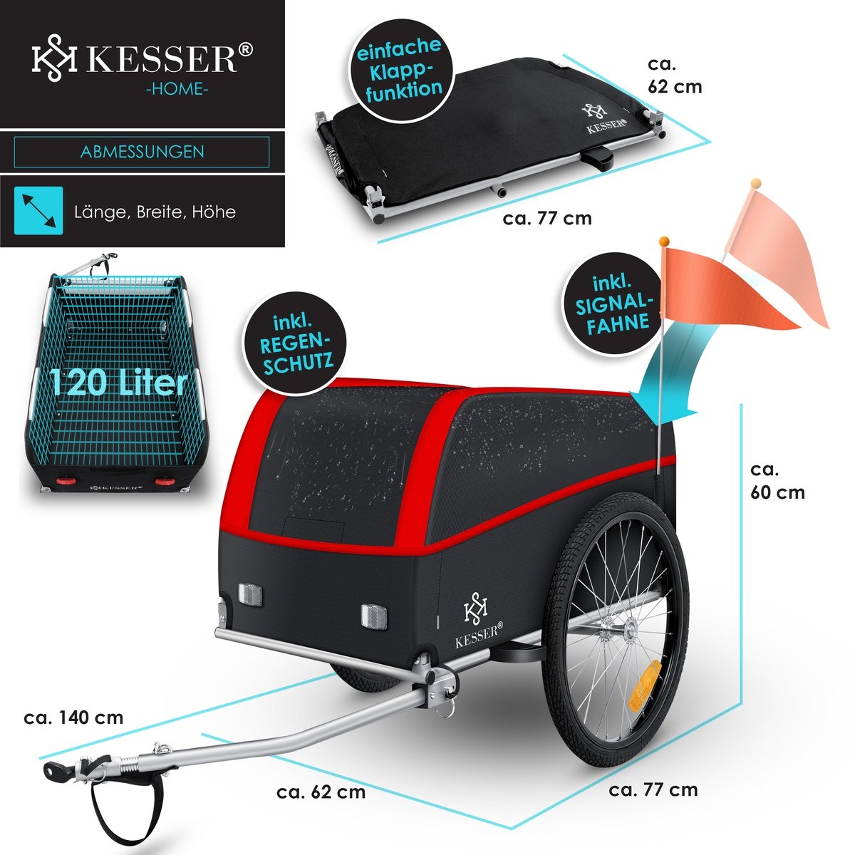 Fietskar - fietsaanhanger - bagagefietska - aanhangwagen voor fiets - max. 40 kg - rood / antraciet - Afbeelding 6