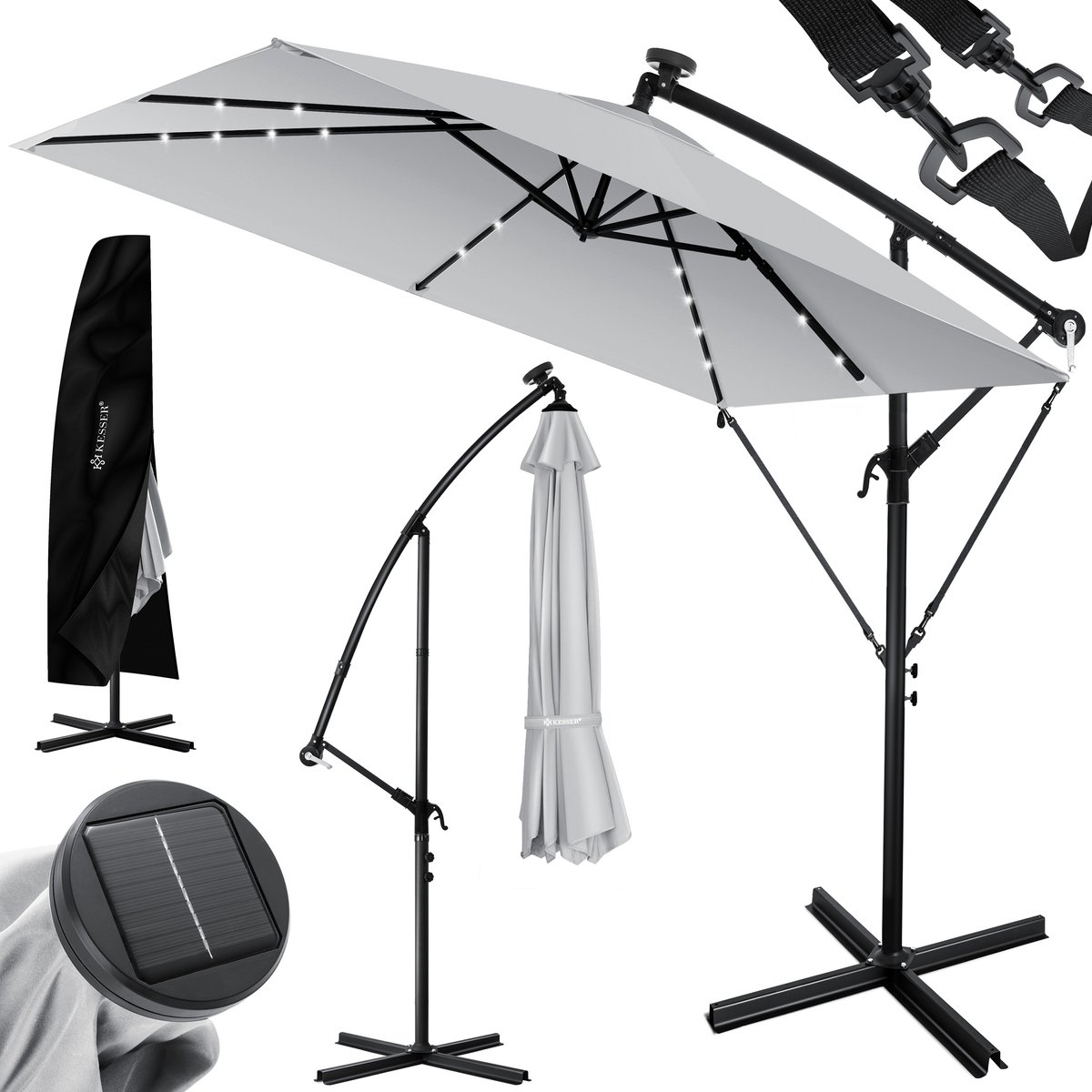 Parasol - diameter 350 cm - rechthoekig - met LED - inclusief hoes - lichtgrijs