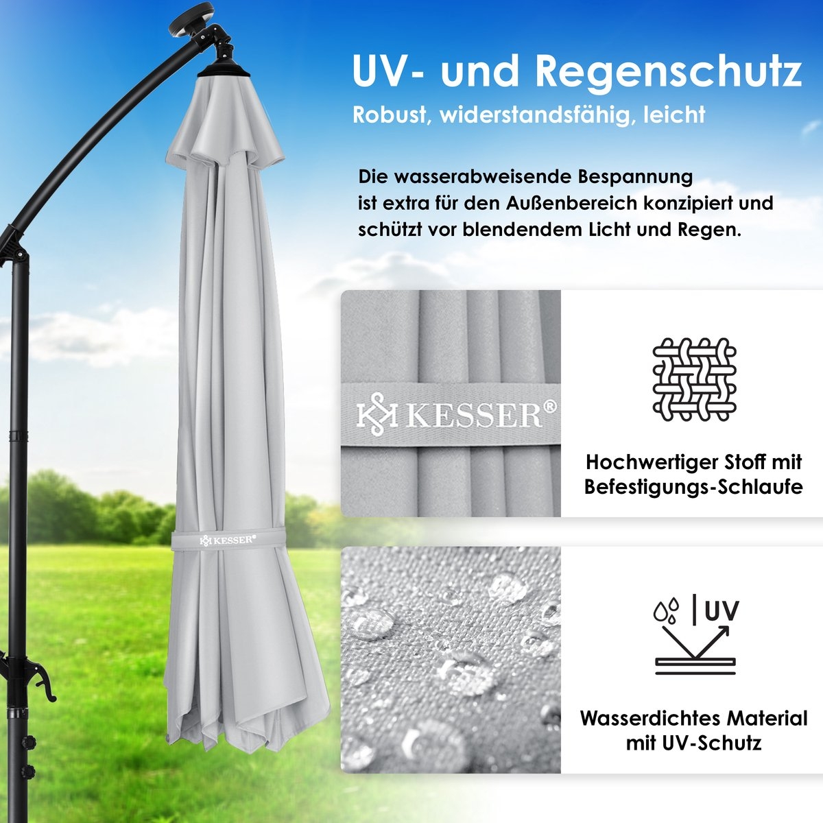 Parasol - diameter 350 cm - rechthoekig - met LED - inclusief hoes - lichtgrijs - Afbeelding 3