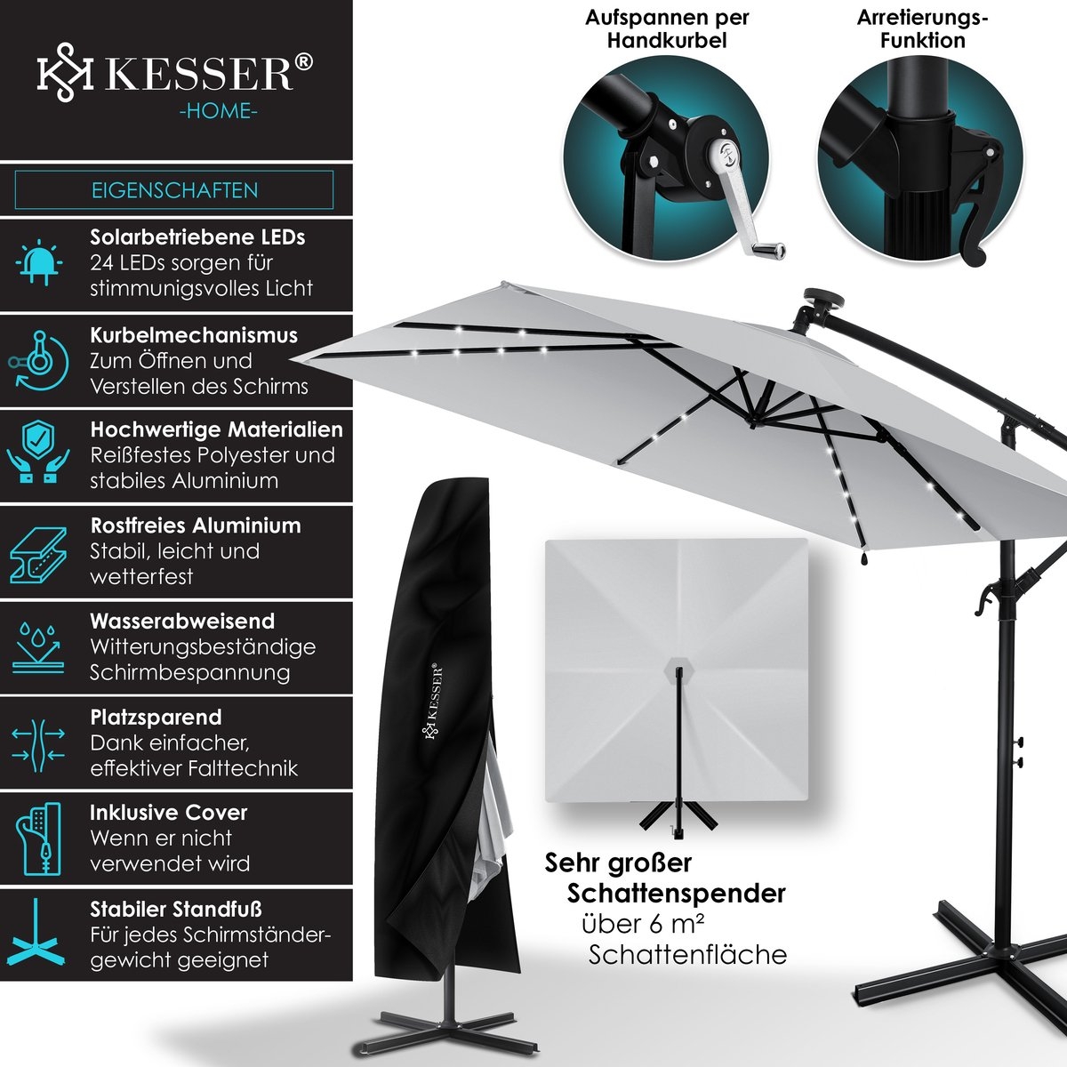 Parasol - diameter 350 cm - rechthoekig - met LED - inclusief hoes - lichtgrijs - Afbeelding 4