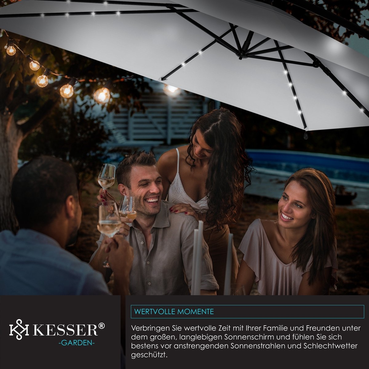 Parasol - diameter 350 cm - rechthoekig - met LED - inclusief hoes - lichtgrijs - Afbeelding 7