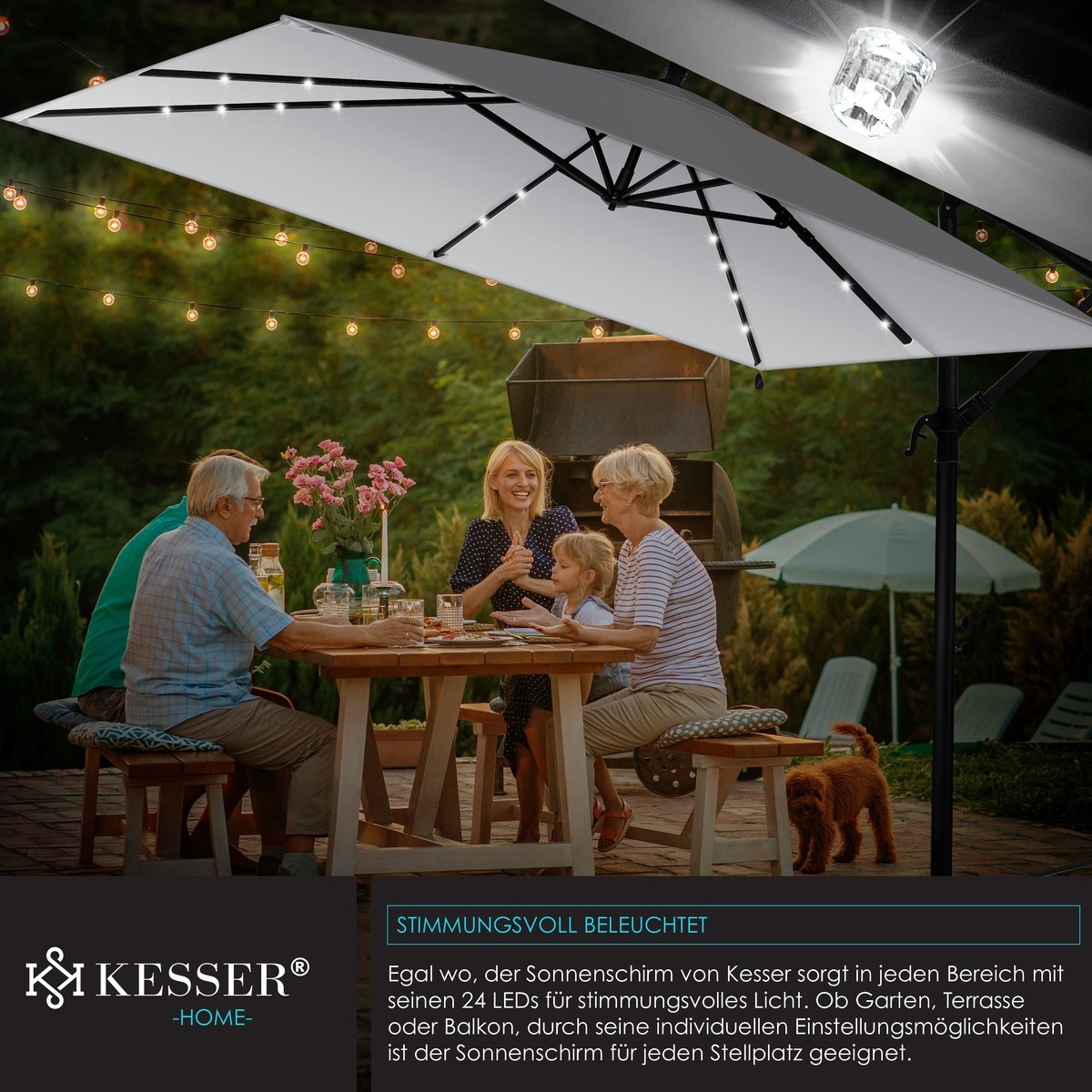 Parasol - diameter 350 cm - rechthoekig - met LED - inclusief hoes - lichtgrijs - Afbeelding 9