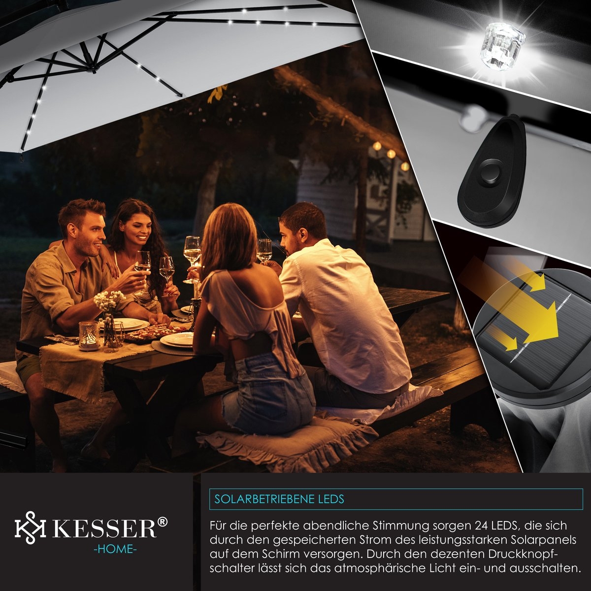 Parasol - diameter 350 cm - rechthoekig - met LED - inclusief hoes - lichtgrijs - Afbeelding 10